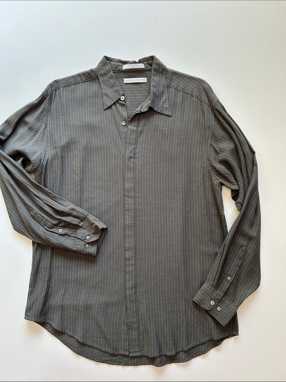 Vintage Geoffrey Beene Men's Button-Up Shirt in Gray Micro Grid Pattern
